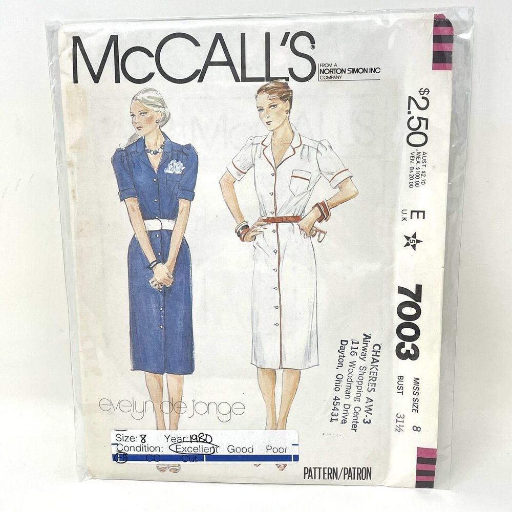 McCalls‎ 7003 Dress Pattern Miss 8 1980 Straight Front Button Shirt Style